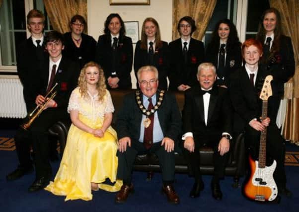 Derek Murdock of the Seven Towers Male Voice Choir pictured at a reception with the Mayor of Ballymena, Ald. PJ McAvoy, prior to their concert in the Braid, along with special guests Catrina Scullion (soloist) and members of the Ballymena Academy jazz group. INBT13-231AC