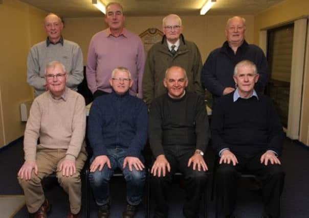 Members of the Northern Ireland Provincial Bowling Association management, pictured prior to their meeting at the start of the 2013 bowling season which begins on 13th April.  From left (seated), Robert Madden, treasurer, Michael Fahy, president, Tommy Smith, secretary and Kieran Adams, vice-president.  Standing,  Brian Begley, safe guarding officer, Dave Evans, past president and members Jim Moore and Harry Elliott. INLS 1313-502MT.