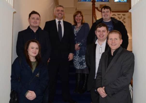 Members of the NIYF meeting Junior Ministers Jonathan Bell and Jennifer McCann at Stormont. Pictured are (left to right): Amy Leckey, Anthony Morrissey, Jonathan Bell MLA, Jennifer McCann MLA, Eoighan Rafferty, Martin McAuley and Chris Quinn, Director of NIYF. INNT 14-460-CON