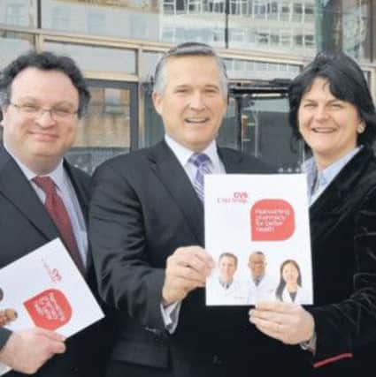 Stephen Wrenn of pharmacy giant CVS Caremark (centre) with Jobs Ministers Dr Stephen Farry and Arlene Foster.
The firm visited Londonderry but chose Belfast to set up a new operation.