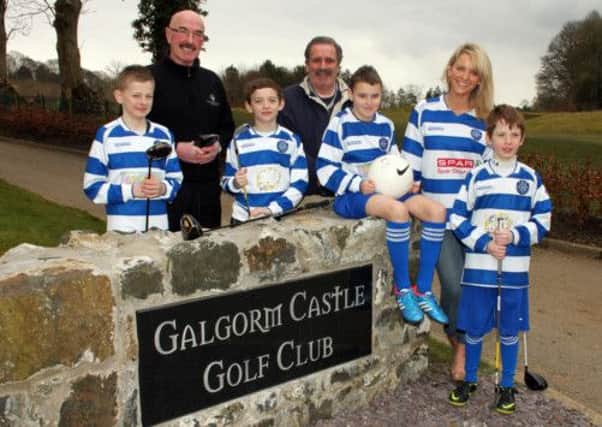 Northend Youth players Aaron Campbell, Charlie McTrustry, Brandon Millar, Oisin Connolly along with Liam Beckett, Lyndsey McKeown and Kirsty Worthington of Galgorm Castle Golf Club, promoting the Northend Youth annual golf day on April 21. INBT14-221AC