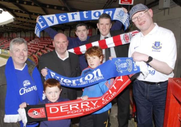 Pictured getting ready for the big charity game betweeen the Irish Toffees and the Derry City Legends at the Brandywell on Saturday at 1.30pm are, back from left, massive Everton fans William Allen, Londonderry Sentinel editor, writer Dominic Kearney and James Doherty, with City board member Martin Mullan and then another Evertonian Jamie Kearney, and, at front, Tiarnan and Caoimhin Doherty.
