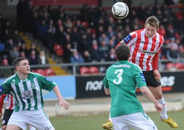 Derry City's Michael Rafter, heads home his second goal against Bray Wanderers, at the Brandywell.