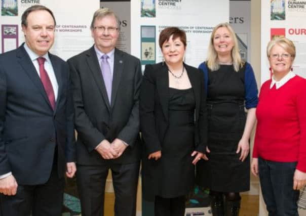 Nigel Dodds MP, Jim Holmes, Community Worker with Belfast City Mission, Finola Hunt and Karen McCartney from Education Matters and Pat Hutchinson, Chair of Rathcoole Churches Community Group at the Our Journeys exhibition. INNT 14-404-RM