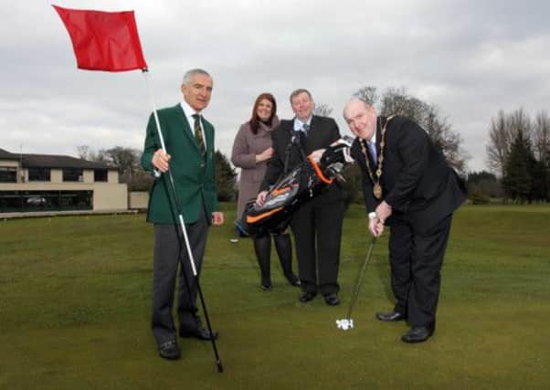 Pictured promoting the Mayors Charity Golf Day to be held on Thursday 2nd May at Lisburn Golf Club are (l-r) Dr Sam Moore, Captain 2013, Lisburn Golf Club; Ms Gillian Shields, Coca-Cola and event sponsor for the event; Alderman Paul Porter, Vice-Chairman of the Leisure Services Committee, and teeing-off, the Right Worshipful the Mayor, Alderman William Leathem.
