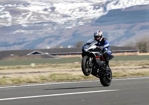 Ready for Take Off! Motorcycle speed ace Jack Frost was on hand this week to launch the Speed test which takes place at Shackleton in Ballykelly in May. 14111KDR