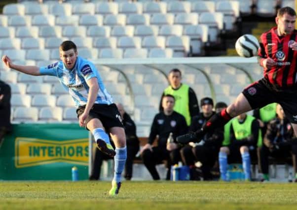 Derry City's Patrick McEleney fires home their opening goal at Bohemians, on Friday night. ©INPHO/Donall Farmer