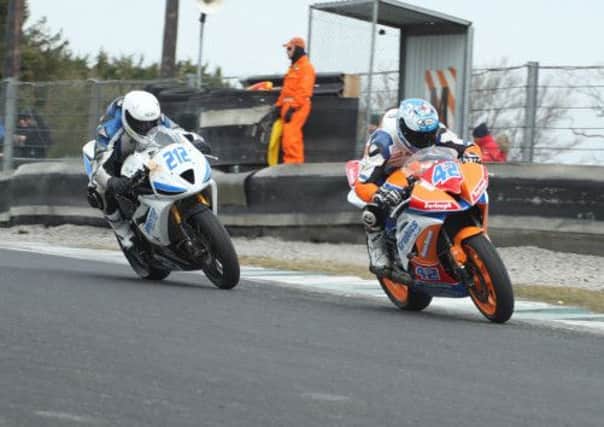 Ahoghill's Luke Johnston ahead of Dean McMaster from Cullybackey in the Supersport 600 race at the Mondello Masters. Picture: Roy Adams.