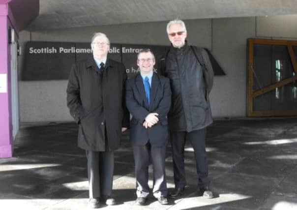 Dr Ivan Herbison, Dr David Hume and Dr  Bill Smith outside the Scottish parliament in Edinburgh. INLT 15-606-CON