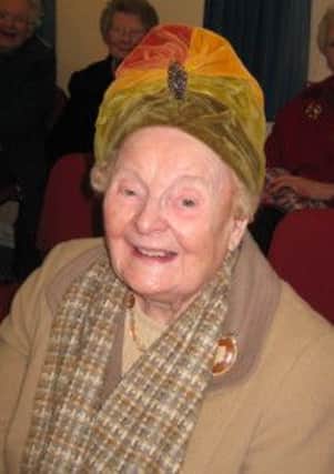 Sally Warwick (90) wearing her beautiful velvet hat in autumn colours which won the hat competition at the recent meeting of Templepatrick WI. Sally has worn the hat on many special occasions over the past 40 years.