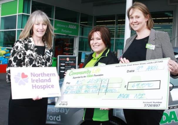 (From left) Ellen Hillen, corporate fundraising manager, Ni Hospice, Kim Gault, community life colleague, Asda Larne and Charlotte Elliott, Asda NI regional people manager. INLT 16-656-CON asda