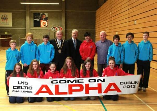 Members of Alpha who took part in the U15 Celtic Challenge Cup along with the Mayor of Lisburn, Alderman William Leathem; Councillor Thomas Beckett, Chairman of Lisburn City Council's Leisure Committee Councillor Thomas Beckett and coaches Trevor Woods and Lyn McKibben.