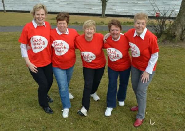 Best foot forward for Margaret Withers,Linda Culbert,Valerie Saunders,Liz Dickson and Ann Adams all members of the Glengormley Fundraising Support Group of NI Heart Chest and Stroke,as they announce their forth coming Loughshore Scenic Hearty Walk on Saturday 27th April to raise funds to support the work of the local health charity. INNT 15-009-PSB