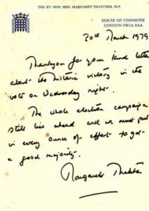 The handwritten reply from Margaret Thatcher which was sent to three local students who'd written her a letter of support ahead of the 1979 general election. INNT 16-505CON