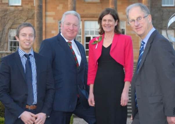 Left to right: Josh Bradley, Airtricity, Minister of State Mike Penning MP, Claire Faulkner, Garden Show Ireland, Brian Henderson, Cystic Fibrosis Trust in front of the new backdrop for the 2013 Airtricity Garden Festival taking place 17-19 May 2013 on the lawns and surrounding gardens of Hillsborough Castle.