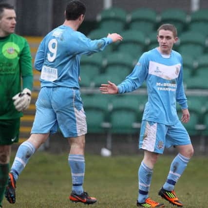Ballymena United's Alan Teggart is congratulated by team-mate Gary Liggett after scoring his team's fourth goal in Saturday's win over Donegal Celtic. Picture: Press Eye.