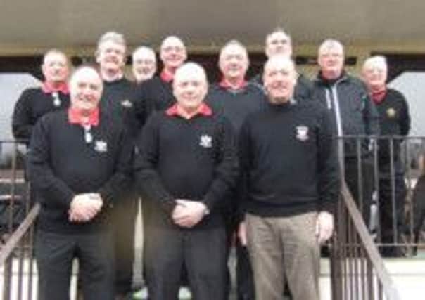 The Banbridge Ulster Fourball team, which played Rossmore last Saturday. Front (l to r): Sean McGreevey, Robert Clydesdale and Declan Dooher (club captain). Back: (l to r) Merton McDowell (team captain), Kenny Jones, Philip Strong, Willie Dickson, Dermot Magee, Aidan Lavery, Dominic Quinn and Bertie Shaw.