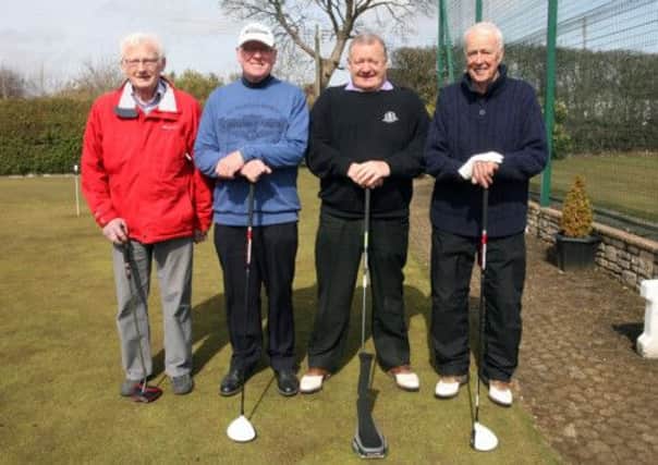 George Millar, Mick Shannon, Frank O'Boyle and Charlie McCook pictured prior to teeing off at Ballymena Golf Club. INBT16-255AC