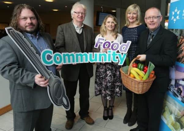 Georgina Buffini, Healthy Food for All (centre left) and Cliodhna Foley-Nolan, safefood (centre right) congratulate Patrick Frew, Jim Whitten and Declan Donnelly from Cloughmills Community Action Team, Cloughmills after safefood announced that the County Antrim community organisation is to be one of nine all island projects to receive funding for the Community Food Initiatives Programme 2013-15.