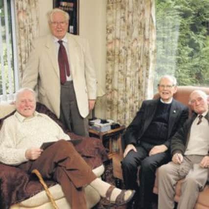 The late Thomas Burns, seated left, with, from left, his brother Herbie, Alexi Moore, Robert McMorris (RAF) and Jim Miller, at a get together in Drumahoe last year.