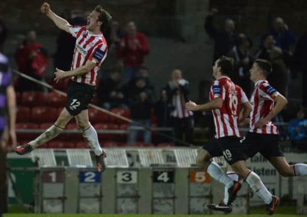 Derry City defender Ryan McBride celebrates after scoring against Shamrock Rovers, on Friday night.