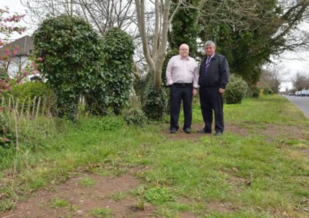 Councillor Billy Webb and Chairman of Merville Residents' Association David Milliken survey the damaged land at Lovers' Lane. INNT 17-049-PSB
