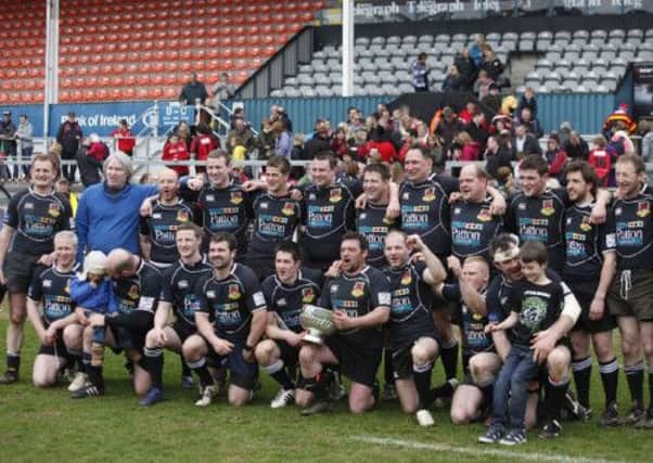 Ballymena Fifth XV celebrate their Forster Cup final victory over Armagh Thirds at Ravenhill on Saturday.