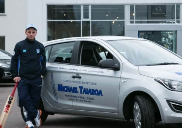 Carrickfergus Cricket Club's Michael Taiaroa takes delivery of a new Hyundai I20 car for the year ahead courtesy of Cannon Motors. INLT 17-420-RM