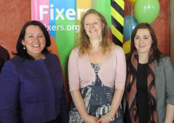 Attending the launch of Fixers at Parliament Buildings, Stormont are, from left, Paula Bradley MLA, Margo Horsley, Chief Executive of the Public Service Broadcasting Trust, and Megan Fearon MLA. INNT 18-506CON