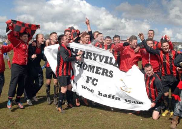 Champagne celebrations as Harryville Homers FC celebrate winning the Arkmedia Ballymena Saturday Morning League Division One title on Saturday. INBT 18-919H
