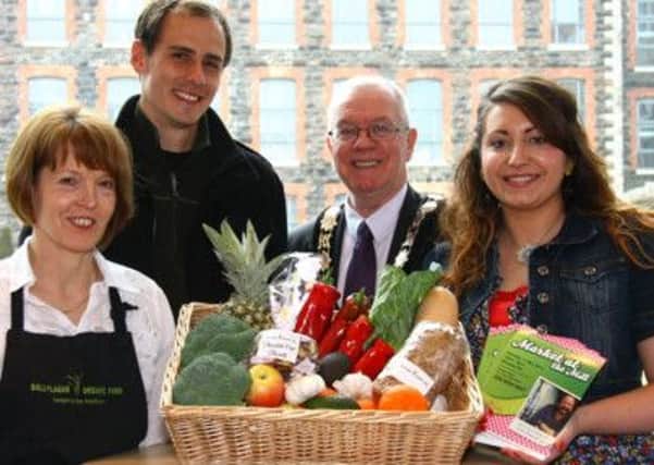 The Mayor, Alderman Victor Robinson and Jenni Coulter, the councils business development officer for arts and culture launch the upcoming Market at The Mill with Patricia Gilbert and Hinirch von Broembsen from Ballylagan Organic Farm. INNT 16-622con