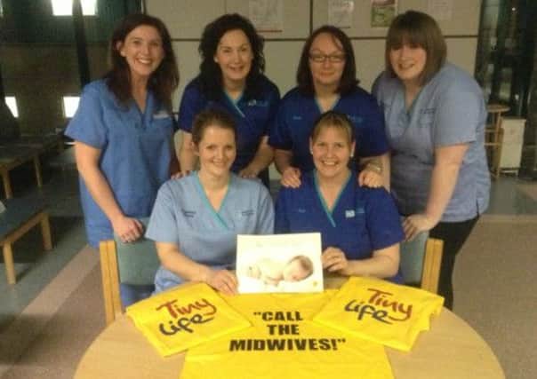 The 'Call the Midwives' team from Antrim Hospital (back) Louisa Lapworth, Jackie ONeill, Michelle Paul, Joanne Kirk and (front) Helen Stevenson and Susan Andrew-Bruce who were successful in TinyLifes ladies challenge day last Saturday. INLT 19-650-CON,