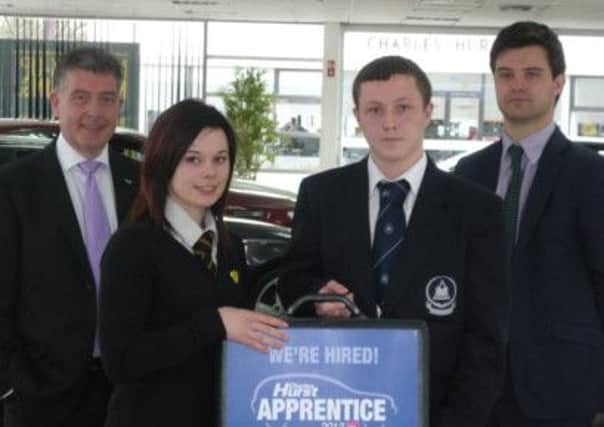 Colin McNabb (Charles Hurst), Sonya Irvine (NCHS), Aaron Rea (MCS) and  Andrew Wallace from Business in the Community. Aaron and Sonya impressed the competition judges and have secured summer apprenticeships at Charles Hurst. INNT 19-601CON