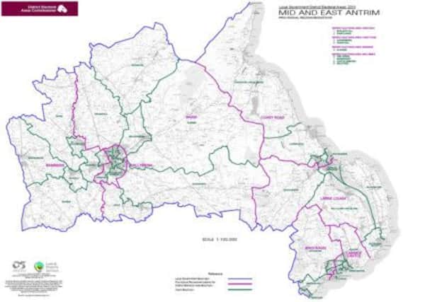 A map showing the proposed boundaries of Mid and East Antrim Council.  INLT 19-600-CON