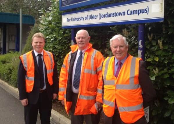 Alastair Ross MLA, Larne Line Route Manager Frank Moore and Councillor Ken Robinson pictured at Jordanstown Train Station. INNT 19-505CON