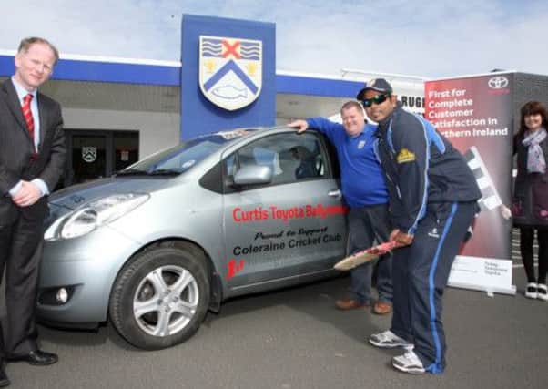BATMAN.  Matthew Porter, General Manager Curtis Toyota Ballymena and Marketing Manager Jacqueline Stewart, pictured with Cricketer Roy Silva and Gareth Godfrey.CR19-210SC.