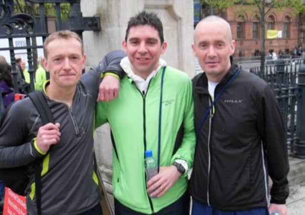 Andy Guy, David Noble and Alan Poag before Monday's Belfast Marathon