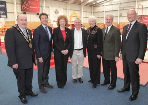 Lord Coe during his visit to Salto Gymnastics Centre in his role as Olympic and Paralympic Legacy Ambassador, with Lisburn Mayor, Alderman William Leathem, Sports Minister Carál Ní Chuilín, Tony Byrne, Salto, Dame Mary Peters, Cllr Thomas Beckett and Brian Henning, Sport NI. Picture by Brian Thompson/ Press Eye