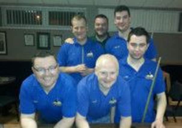 Whiteabbey-based pool team The Rockers are congratulated by Carrick and District Pool League chairman, Derek Whiteside (back centre). Back row - Jonny Johnston, Derek Whiteside, Gee Crawley.
Front row: Darren Whiteside, Andy Arbuthnot, Shaun McAlister. INLT 20-913-CON