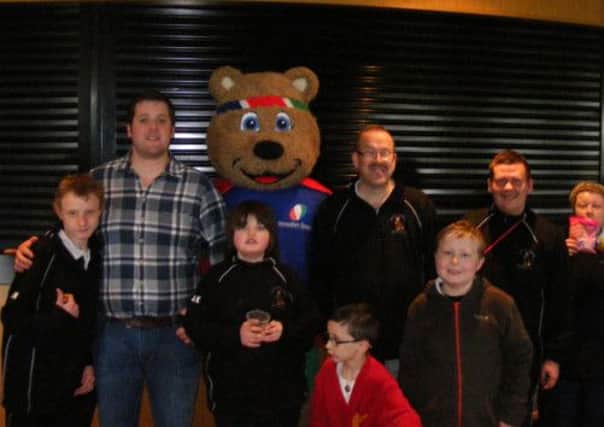Mascot Spoony and some of the Ballymena Bears with Richard Montgomery, at Sunday's event at Eaton Park.