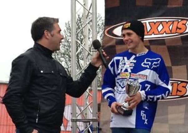 Larne rider Glenn McCormick is interviewed after claiming his first British podium place on Sunday. INLT 20-920-CON
