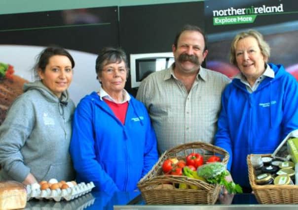Celebrity chef Dick Strawbridge, who gave cookery demonstrations during the Market at The Mill event at Mossley Mill on Saturday, May 11 is pictured with Jenni Coulter, Newtownabbey Borough Council, and Sheelagh Wilson and Dolores Woodside, from the Alzheimer's Society. INNT 20-711-SK