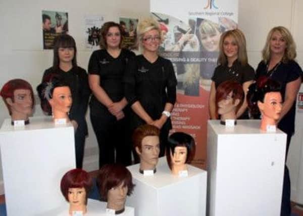 At the Hairskills awards, from left, Shauna Haughian Level 3 Hairdressing student, Danielle Smith Level 2 Hairdressing student, Rebecca McBurney Level 2 Hairdressing student, Vanessa Wray Level 3 Hairdressing student, Colette McMahon Hairdressing Lecturer. INLM2013-13