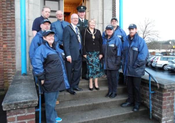 Mayor Victor Robinson and Mayoress Vikki Robinson with Chief Inspector Stephen Reid and some of the boroughs street pastors - Frances McAuley, Chris Kelly, Andrew Irvine, Brian Mullan, Mark Glover, Ann McIntyre and Peter Kirch. INNT 20-520CON