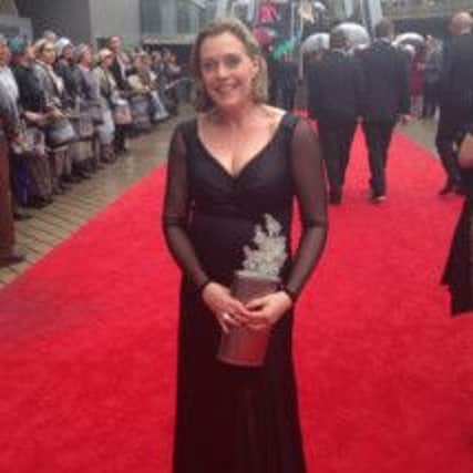 Alison Millar wearing a dress designed bt Geraldine Connon at the BAFTAs.  INLT 20-682-CON