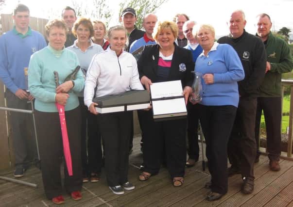 Pictured are the winners at the Ladies Open stableford held at Faughan Valley Golf Club on Saturday. Front row left to right: Sylvia Allen Hamilton (Ballybofey) who picked up for Rosie Agnew (Redcastle) back nine winner Loren Smallwoods (20) runner up and winner of the longest drive. Lady Captain Eileen Robb, Vice captain Marion Sayers overall winner. Middle row Kaye Stewart (Ballybofey) who picked up for third place Mary McArthur (Redcastle) Jackie McNulty front nine winner. Mr Captain Terry Dornan Mens third place. Mr President Trevor Peace front nine, Trevor Lewers second. Back row Shane McGahey who picked up for the back nine winner Christopher Nutt, Paul Duffy gross prize, Barry Reilly mens winner, Stephen Robb - 20's and birdie on 7th hole and Alan McWhirter, longest drive.