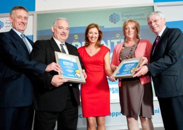 The Wright Group and Seven Towers Training, Ballymena, were runners-up in the Innovation in Partnership Category at the Apprentice of the Year Awards 2013. Pictured with their certificates at the awards ceremony in Belfast's Holiday Inn are (L-R) Award sponsor, Rory Galway, Bombardier, Fred Greer, Wright Group, TV presenter Claire McCollum, Kim Alexander, Seven Towers Training and DEL Permanent Secretary Alan Shannon.