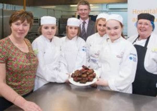 Congratulating the students who attended the Junior Chef Academy programme at NRC was Mary Doran Head of Curriculum Hospitality & Catering with Megan Gillen, Cambridge House, Samantha Brownlee, Slemish College, Megan Agnew, Cambridge House, Nicola Anderson, Ballymena Academy who are pictured with Sam Bell, NRC Head of Faculty for Professional & Leisure Studies and NRC Lecture Jane McAuley. INBT 21- NRC 1