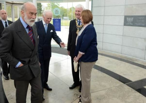 13/5/13 PACEMAKER PRESS INTL. HRH Prince Michael of Kent attends a civic reception at Coleraine Borough Council Civic headquarters, Cloonavin showcasing Digital Causeway initiative. Upon arrival HRH was greeted by the Lord Lieutenant of County Londonderry Mr Denis Desmond CBE, the Mayor of Coleraine, Councillor Sam Cole and Mayoress, Mrs Anne Cole. Picture Charles McQuillan/Pacemaker.