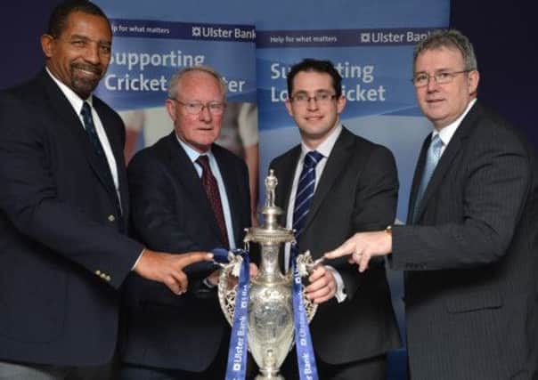 John McCormick of Muckamore (second left) and Andy Kirkpatrick of Ballymena at the draw for next season's NCU Ulster Bank Senior Challenge Cup which saw the rival clubs  pitted against each other.  The draw was made by Ireland's National Coach, Phil Simmons, and Ulster Bank's Stephen Cruise.